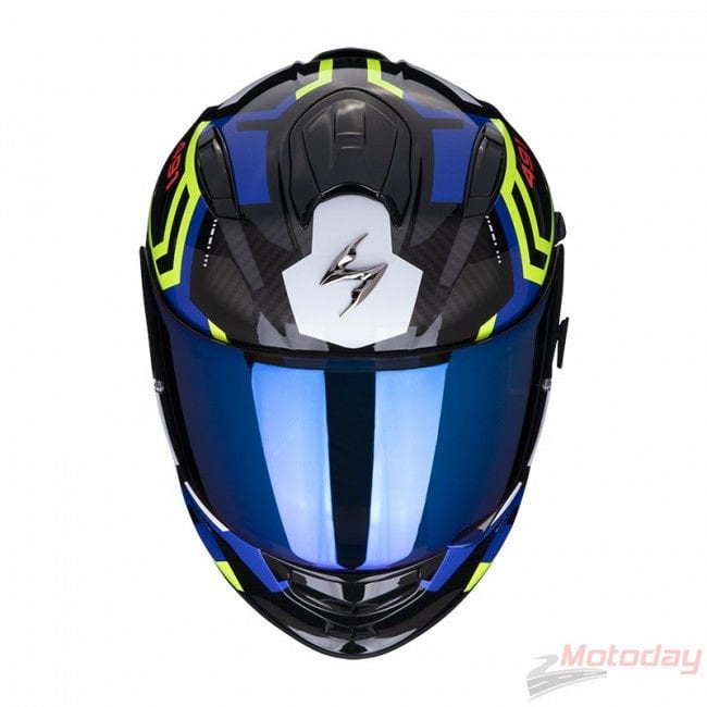 CASCHO DA MOTO INTEGRALE SCOPION EXO 491 SPIN BLACK BLUE NEON YELLOW