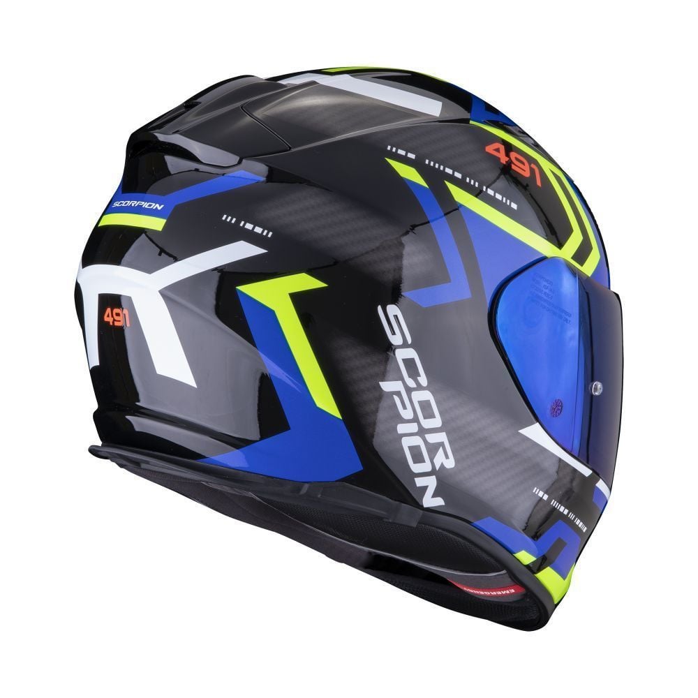 CASCHO DA MOTO INTEGRALE SCOPION EXO 491 SPIN BLACK BLUE NEON YELLOW