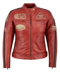 Giacca da moto in pelle vintage | Protezioni CE-DONNA-ROSSO