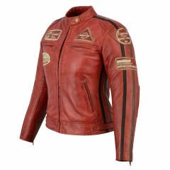 Giacca da moto in pelle vintage | Protezioni CE-DONNA-ROSSO
