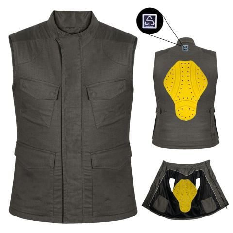 GILET MOTO UOMO IN COTONE MULTITASCA FODERATO IN RETE - Protezioni Incluse Gratis | MARONE