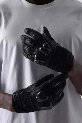 Guanto Pelle Moto Protezioni Carbonio Prese Aria Imbottito Traspirante ASPIDEX | Nero