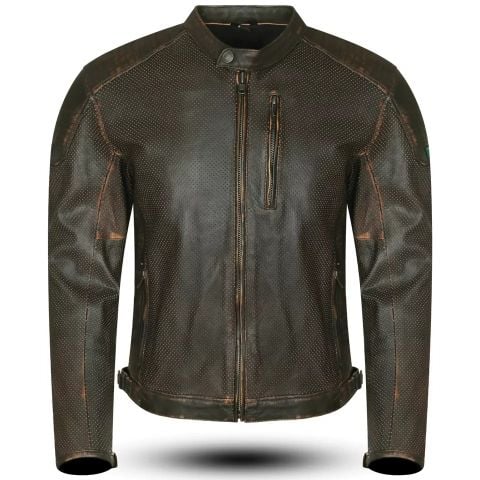 Giacca Moto in traforata Pelle LOSTFRONTIER Vintage Protezioni Scooter UOMO CE