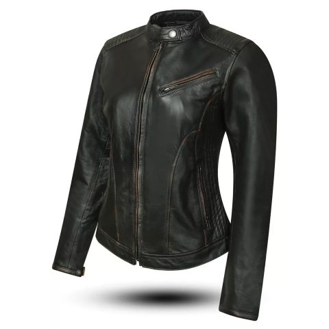 Donna Giacca Moto in Pelle Nero Vintage Protezioni Riding CE LOSTFRONTIER