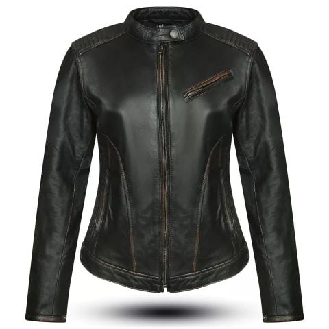 Donna Giacca Moto in Pelle Nero Vintage Protezioni Riding CE LOSTFRONTIER