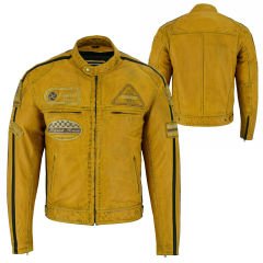 Giacca da moto in pelle vintage | Protezioni CE-UOMO-GIALLO