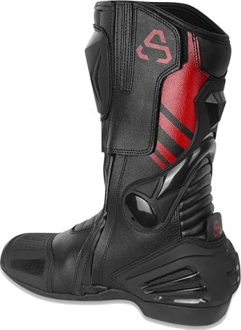 ASPIDEX Stivali Moto Unisex in Pelle con Protezioni Rinforzate, Suola Antiscivolo e Chiusura con Cerniera e Velcro | Nero-Rosso