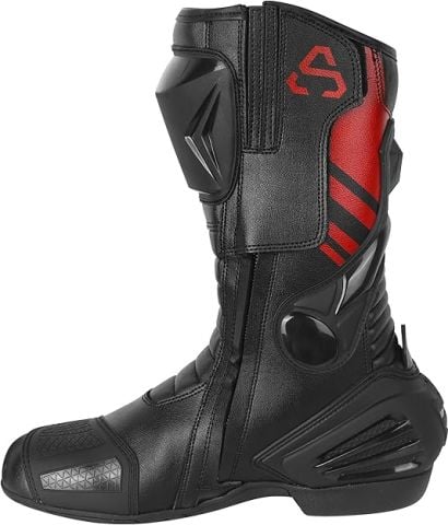 ASPIDEX Stivali Moto Unisex in Pelle con Protezioni Rinforzate, Suola Antiscivolo e Chiusura con Cerniera e Velcro | Nero-Rosso