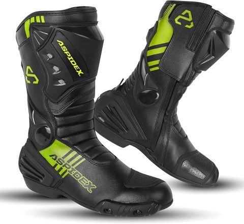 ASPIDEX Stivali Moto Unisex in Pelle con Protezioni Rinforzate, Suola Antiscivolo e Chiusura con Cerniera e Velcro | Nero-Giallo