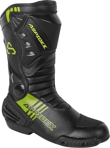 ASPIDEX Stivali Moto Unisex in Pelle con Protezioni Rinforzate, Suola Antiscivolo e Chiusura con Cerniera e Velcro | Nero-Giallo