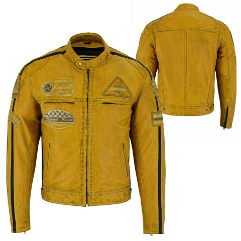 Giacca da moto in pelle vintage | Protezioni CE-UOMO-GIALLO-SENZA STRATO