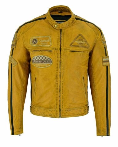 Giacca da moto in pelle vintage | Protezioni CE-UOMO-GIALLO-SENZA STRATO