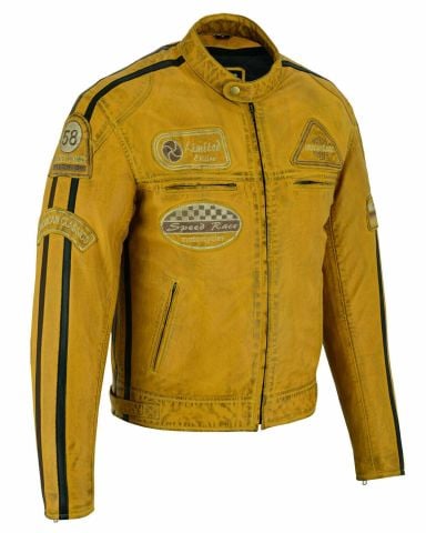 Giacca da moto in pelle vintage | Protezioni CE-UOMO-GIALLO-SENZA STRATO