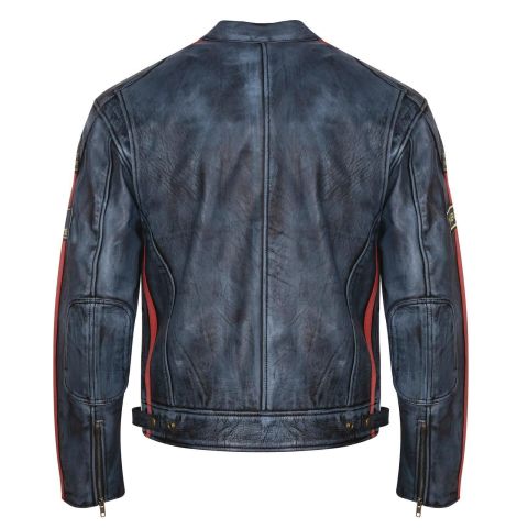 Giacca da moto in pelle vintage | Protezioni CE-UOMO-BLU-SENZA STRATO