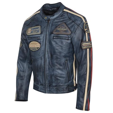 Giacca da moto in pelle vintage | Protezioni CE-UOMO-BLU-SENZA STRATO