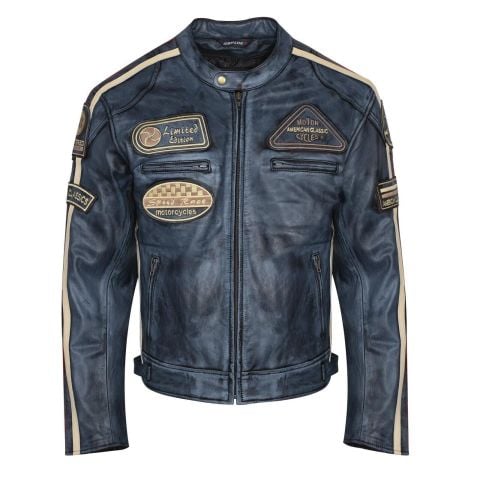 Giacca da moto in pelle vintage | Protezioni CE-UOMO-BLU-SENZA STRATO